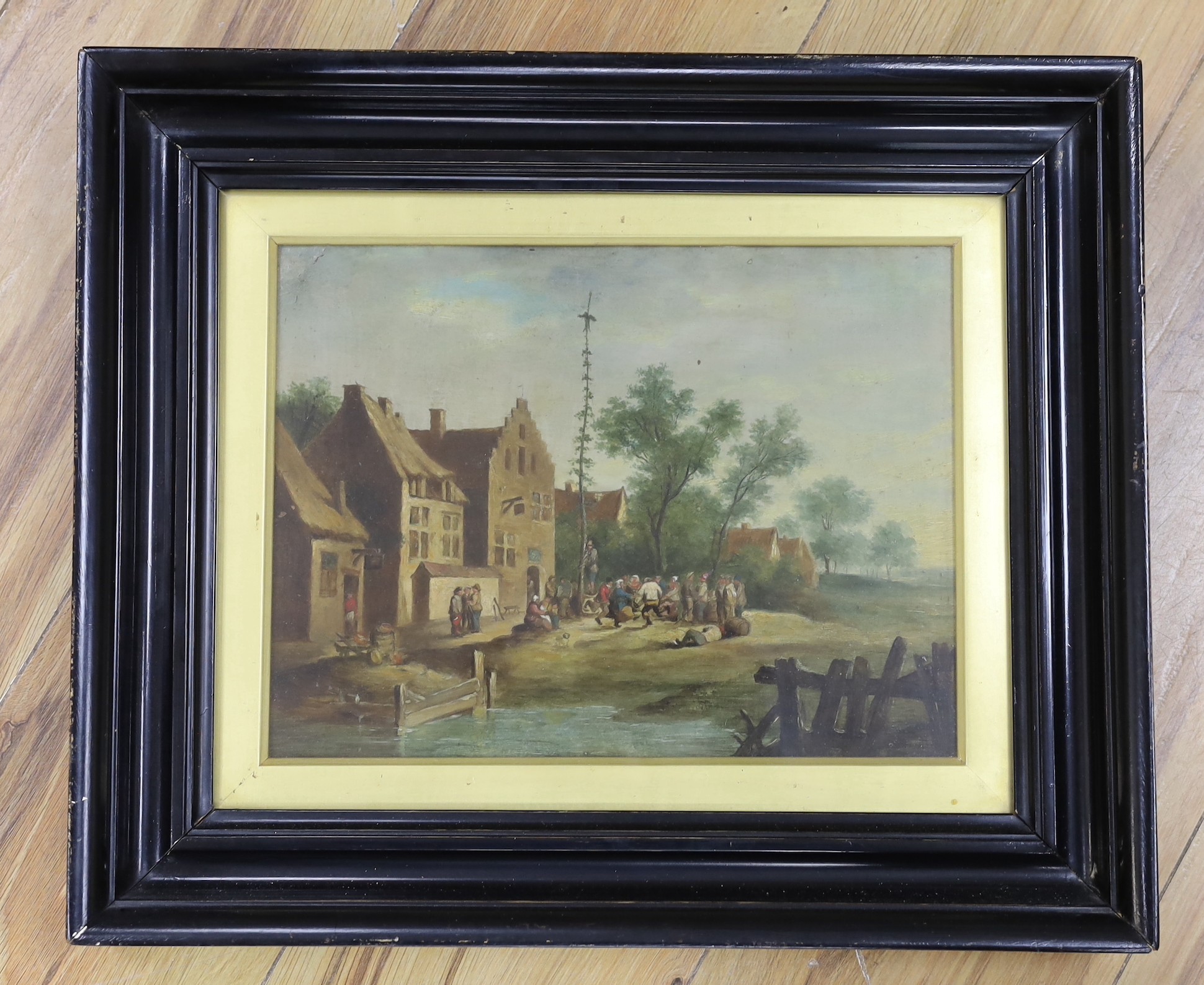 Late 19th century Dutch School, oil on panel, Revellers outside a tavern, 22 x 29cm